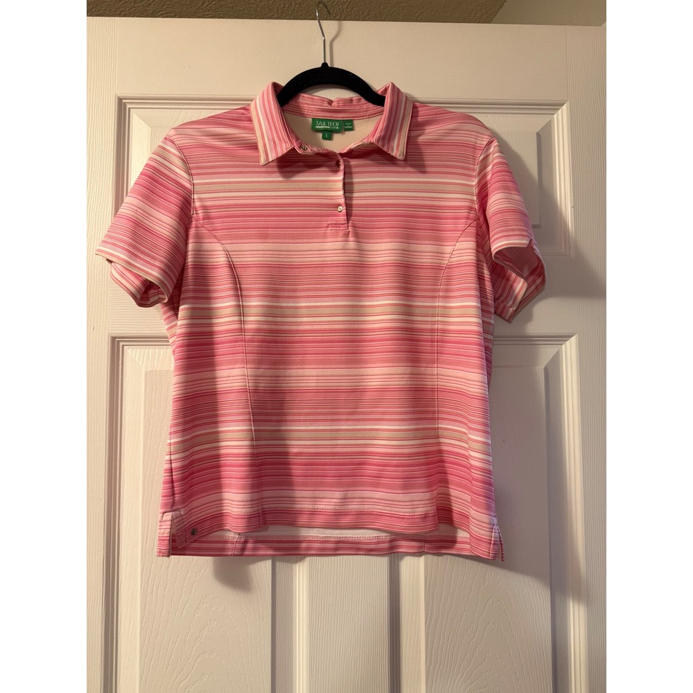 Tail Tech Golf Pink White Striped Short Sleeve Polo Shirt Womens Large Snap